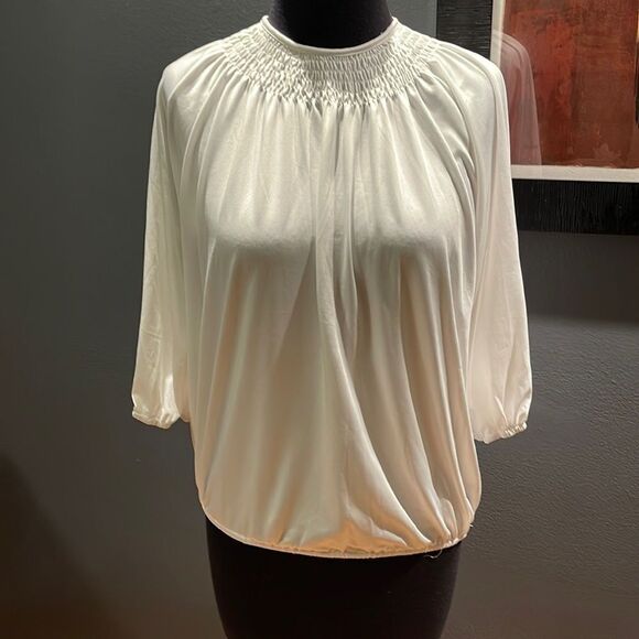 Simple Flavor white smocked elastic neckline silky elastic hem/cuffs top. NWT. - Picture 1 of 6